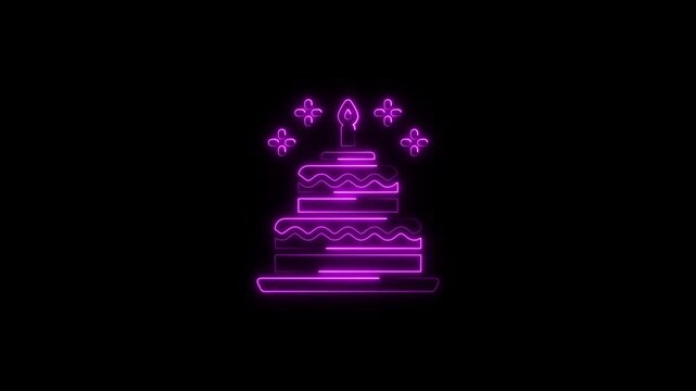 Feliz Cumplea&ntilde;os or cumple Neon Birthday Cake Animation with Glowing Pink Candle and Celebration Lights on Black Background, Spanish Birthday Greeting Motion Graphic