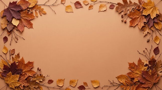Autumn border frame composed of dried maple and oak leaves with small twigs on a warm light brown background, with copy space