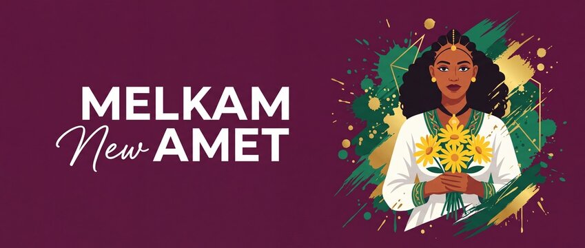Ethiopian New Year Enkutatash Banner with Habesha woman holding yellow Adey Abeba flowers and Melkam New Amet greeting text, celebrating East African holiday celebration, graphic vector illustration.
