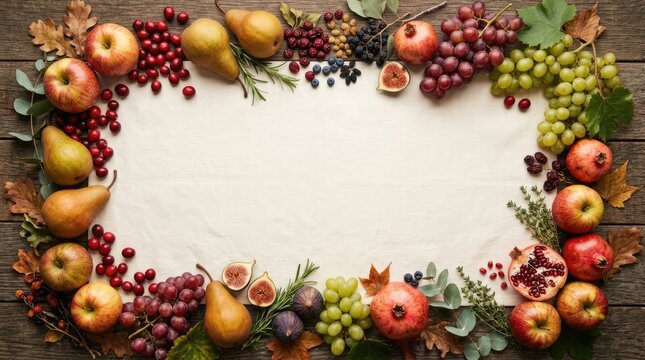 Rectangular border of fresh autumn fruits and berries on a dark wooden table with a central white paper for text or menu