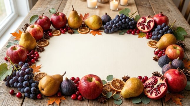 Fresh autumn harvest fruits arranged in a rectangular border on a rustic wooden table with dried orange slices and cinnamon sticks