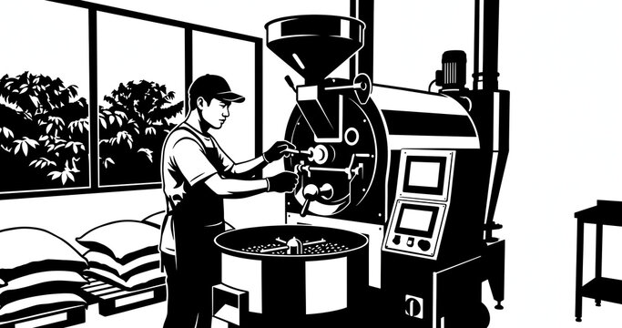 Coffee Farmer Roasting Green Coffee Beans for Fresh Coffee Production Black Silhouette