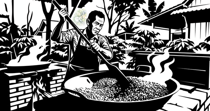 Coffee Farmer Stirring Coffee Beans During the Roasting Process Black Silhouette