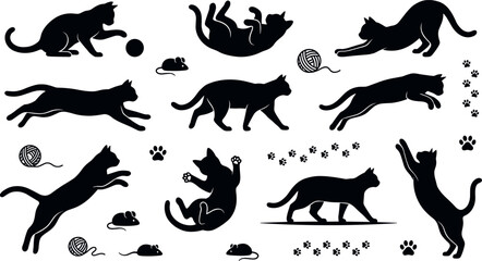Obraz premium Cats in Various Poses with Paws, Yarn Balls, and Mice Featuring Cat, Feline