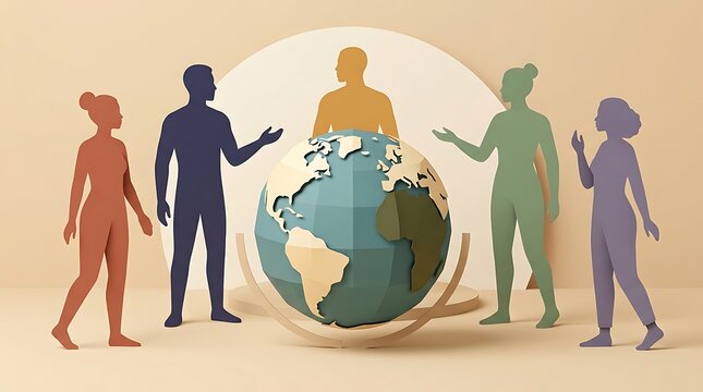 Diverse people standing around a globe illustration