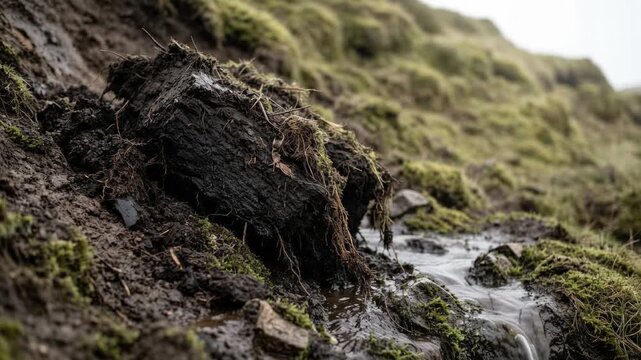 muddy water cascading down a slumped block of dark saturated fibrous peat soil on an incline