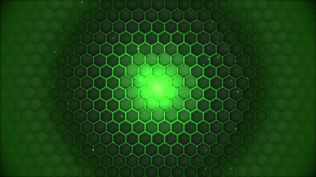 Green Hexagon Pattern Animation with Glowing Light Center, Seamless Looping Background, Futuristic Tech Design
