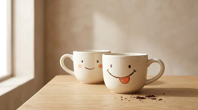 Two smiling coffee mugs with faces on a wooden shelf by window