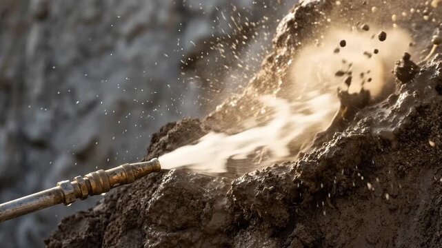 brass high pressure water jet nozzle blasting compacted clay to create a dense turbulent cloud of suspended particles