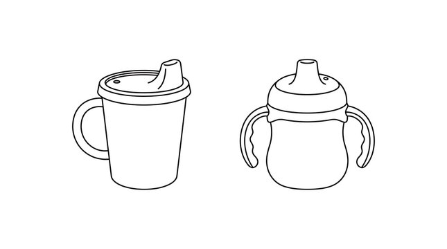 Set of two baby training cups with spouts and handles in line art training beverage illustration minimalist motherhood supplies isolated