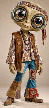 Hippie Alien with Giant Glass Lens Eyes, Paisley Bandana, Fringe Vest, Peace Necklace and Patchwork Bell Bottoms - 3D CGI Studio Portrait on Beige Background