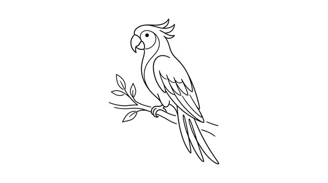 Black and white line art drawing of a macaw parrot perched on a branch with wildlife illustration tropical feathers monochrome isolated