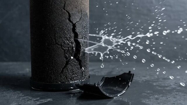 broken textured black pipe spraying water through a vertical crack onto a wet surface with a dark gray background