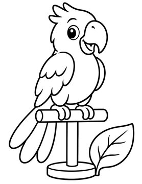 Charming black and white line art illustration of a cheerful cartoon parrot perched on a stand, perfect for children's coloring books and educational activities