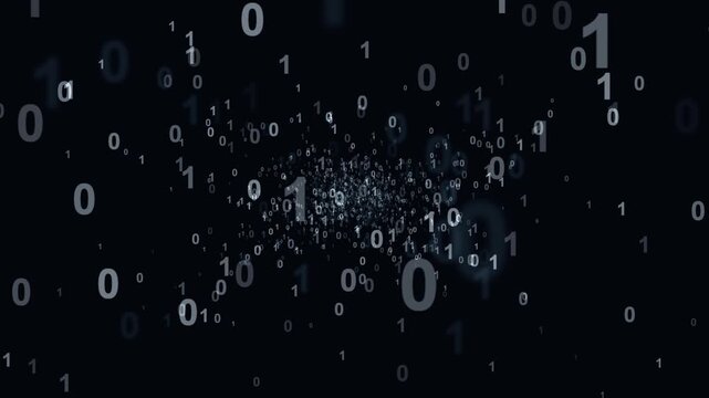 Streaming binary numbers and data particles, abstract cybersecurity technology background