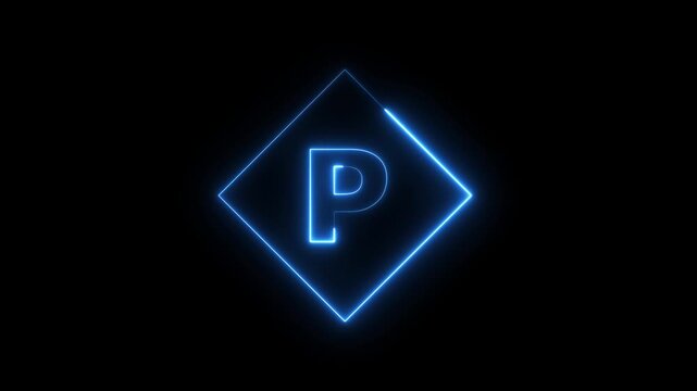 Neon letter P animation with glowing blue diamond frame on black background, alphabet typography concept 4k video.