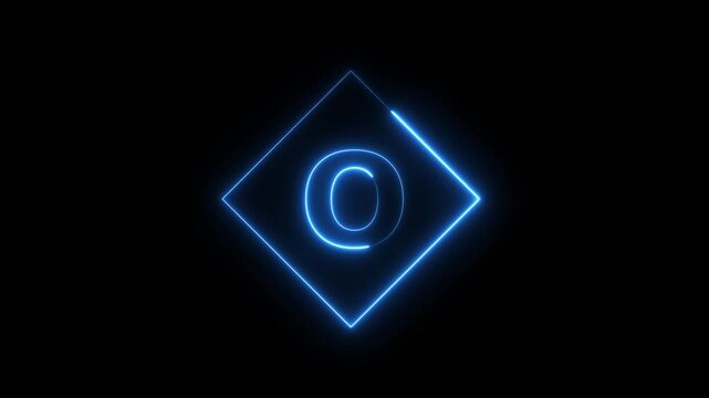 Neon letter O animation with glowing blue diamond frame on black background, alphabet typography concept 4k video.