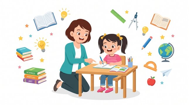Teacher helping young student with homework happily