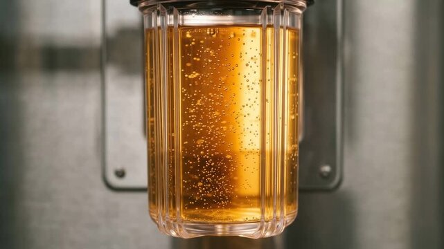 Clear acrylic filter housing displaying hundreds of tiny air bubbles rising vertically in smooth transparent liquid