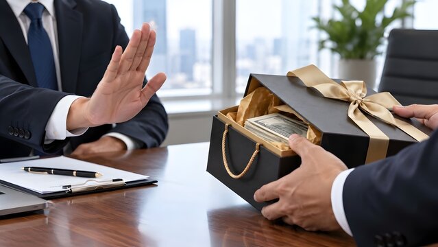 Businessman rejecting a gift box full of cash money representing anti-corruption ethical corporate behavior and refusal of bribery
