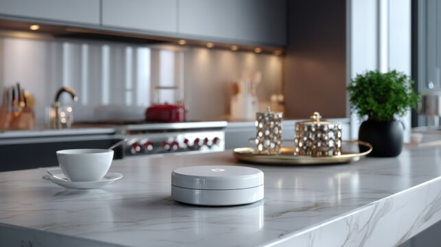Smart kitchen device on marble countertop during morning time in a modern home
