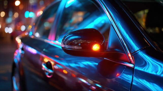 Bright city lights reflect off a parked car during the night in an urban area filled with neon colors and vibrant activity