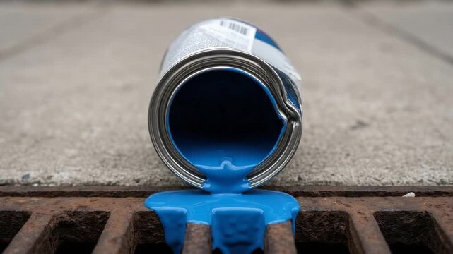 Crushed metal tin leaking glossy blue paint onto a rusted iron drain grate filling half the frame