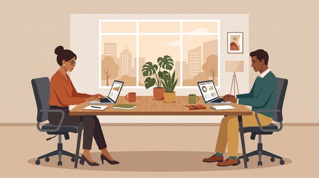 Two professionals working on laptops at a meeting table