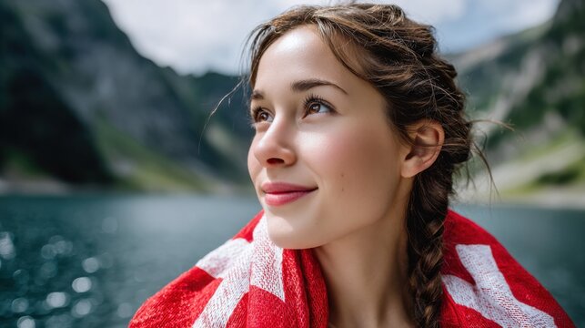 Woman wrapped in a red blanket looks up at the mountains by the lake during a sunny day