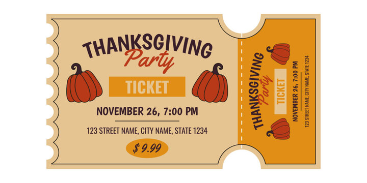 Retro Thanksgiving Party ticket template with date, time, place, price and pumpkin illustration. Vintage Thanksgiving event design. Vector illustration