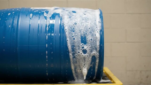 Heavy firefighting foam covering a blue plastic chemical storage drum with bubbles rapidly popping on the curved surface