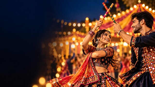 Young indian couple dancing with colorful dandiya sticks at navratri celebration