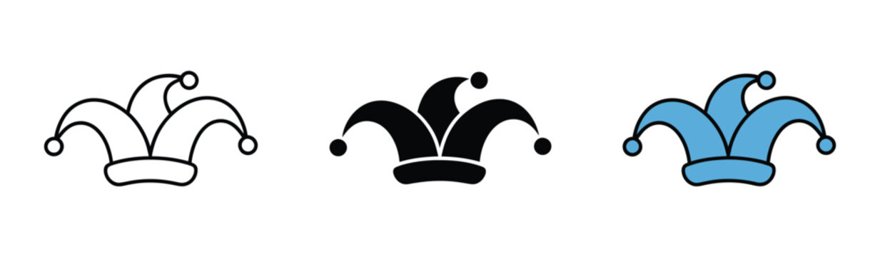 Joker hat icon vector, playful fun symbol representing carnival celebrations, comedy entertainment, party events, theatrical performances, festivals, and cheerful creative designs.