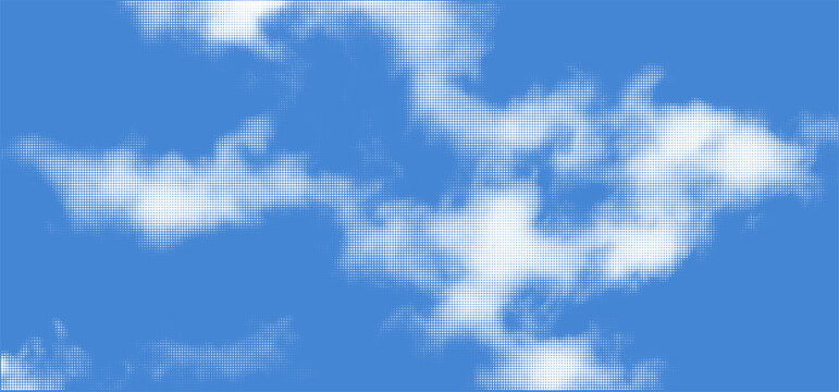 Halftone Cloud on Blue Summer Sky. Dotted Digital Texture. Abstract Cloudscape Background. Half Tone Pop Art Clouds.