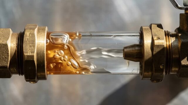 Brass inline proportioner valve injecting a fast jet of thick amber foam through a clear glass sight tube