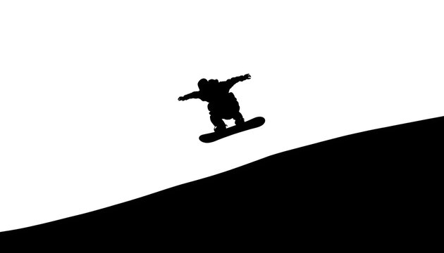 Black silhouette of a snowboarder jumping mid-air isolated on white background.
