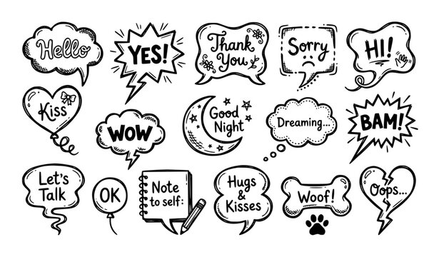 Hand Drawn Doodle Chat Bubble Vector Collection with Cute Communication and Love Phrases