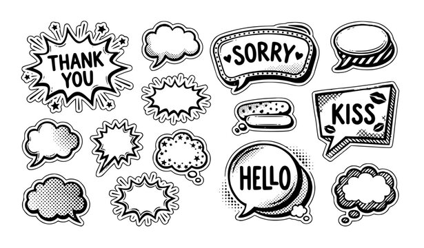 Retro Comic Speech Bubble Vector Sticker Set with Textured Thank You Sorry Hello and Kiss Phrases