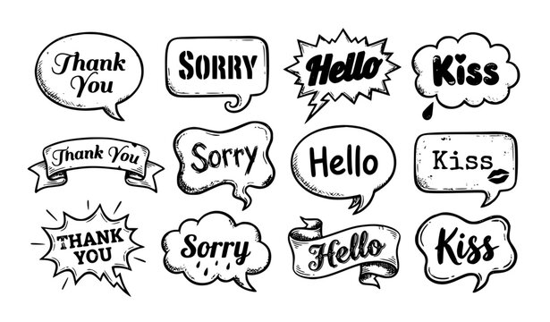 Vintage Textured Speech Bubble Vector Set with Hand Drawn Thank You Sorry Hello and Kiss Phrases