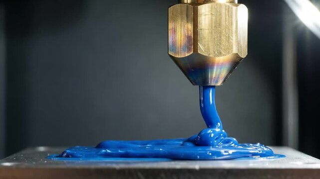 brass 3d printer nozzle extruding thick blue paste onto a flat metallic surface under bright side lighting