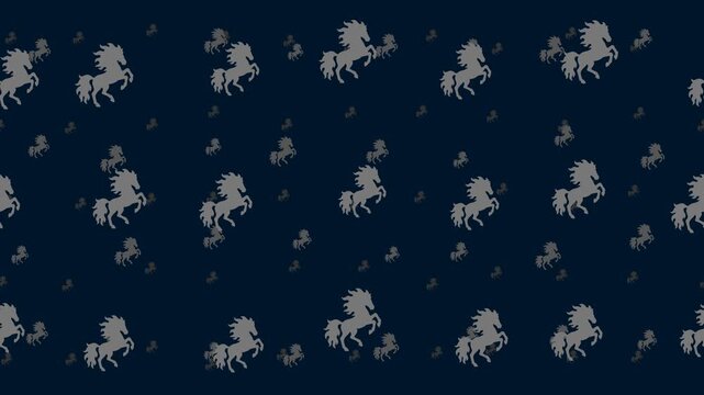 Fiery horse symbols float horizontally from left to right. Parallax fly effect. Floating symbols are located randomly. Seamless looped 4k animation on dark blue background