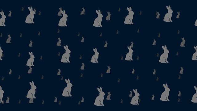 Rabbit symbols float horizontally from left to right. Parallax fly effect. Floating symbols are located randomly. Seamless looped 4k animation on dark blue background