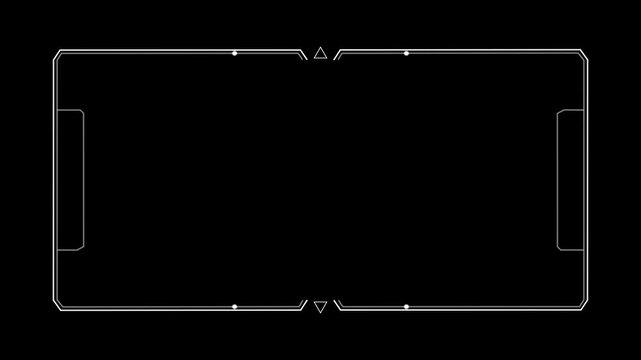 Minimalist white futuristic HUD interface frame with geometric accents and subtle glowing dots on a solid black background, sci-fi or data visualization