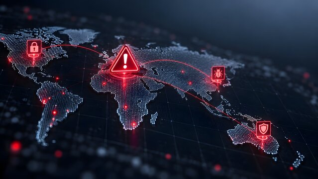 Global cybersecurity threat concept with world map displaying red warning signs and malware attack nodes