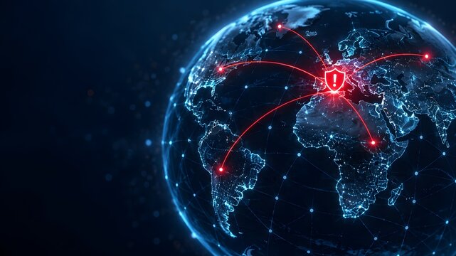 Global cybersecurity alert concept with digital earth globe and red network connection lines transmitting warning signals