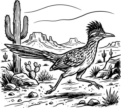 Roadrunner bird running in the desert with cactus landscape