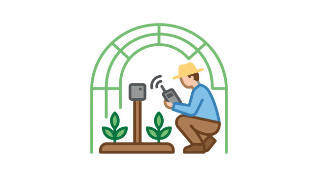 Professional of Farmer Using Smart Device to Monitor IoT Sensor in Greenhouse with Plants with high quality professional line art symbols for modern creative design and digital branding projects