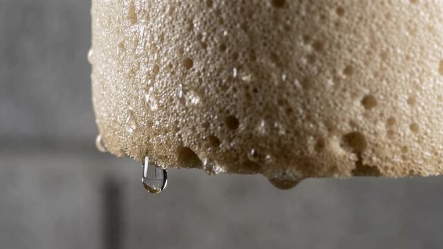 Sorghum foam packing cylinder absorbing water droplets sliding down its heavily pitted and actively shrinking glistening surface