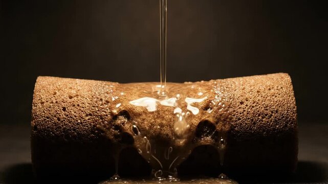 Porous sorghum foam packing cylinder dripping gooey strands as a continuous stream of warm water hits its sagging surface