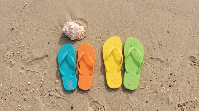 Four colorful flip flops and a seashell resting on a sandy beach with gentle waves in the background